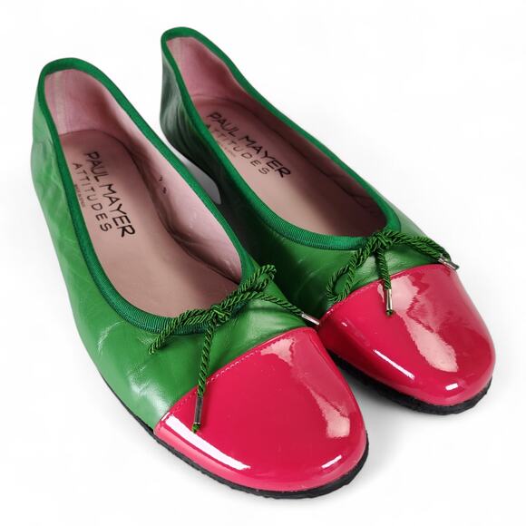 Paul Mayer Attitudes Bravo Ballet Flats Size 9B Green Leather Patent Cap Toe - Picture 1 of 12